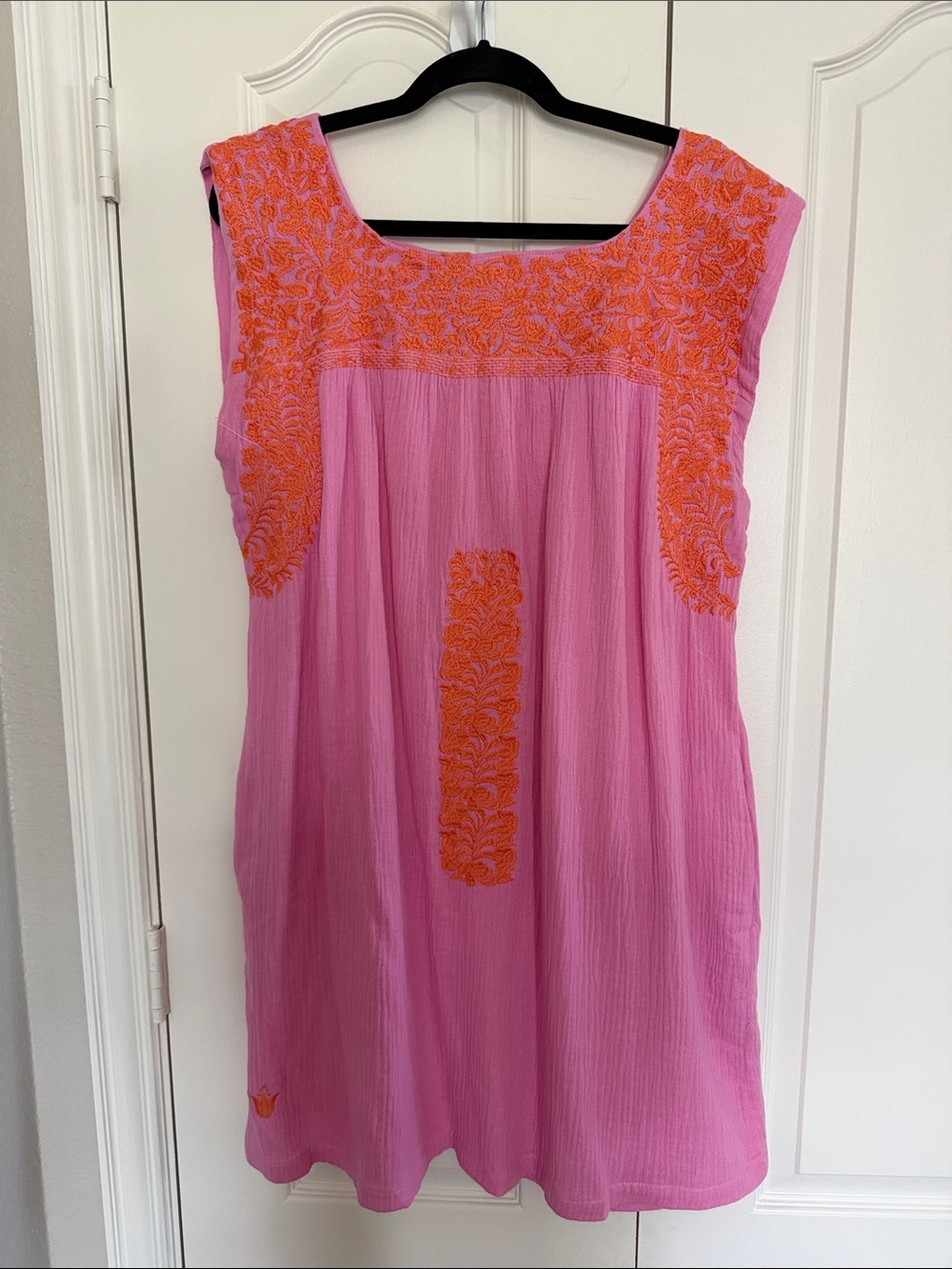 Pink Dress with Orange Embroidery - Women's Casual Shift Dress